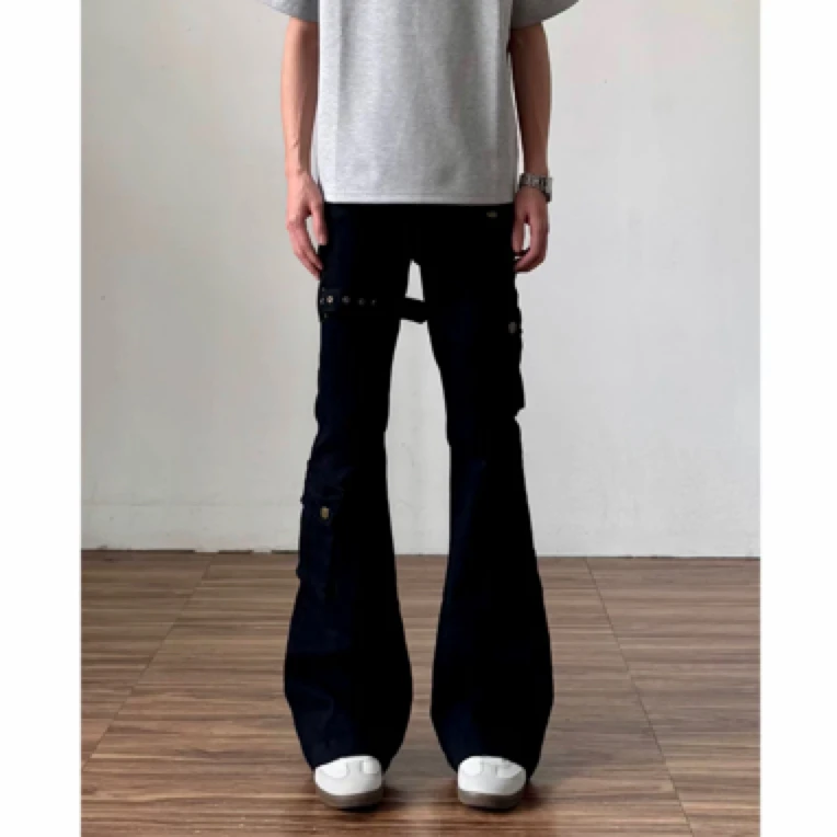 黑色微喇绑带牛仔裤设计感直筒vibe潮流男生裤子男款微喇裤5620