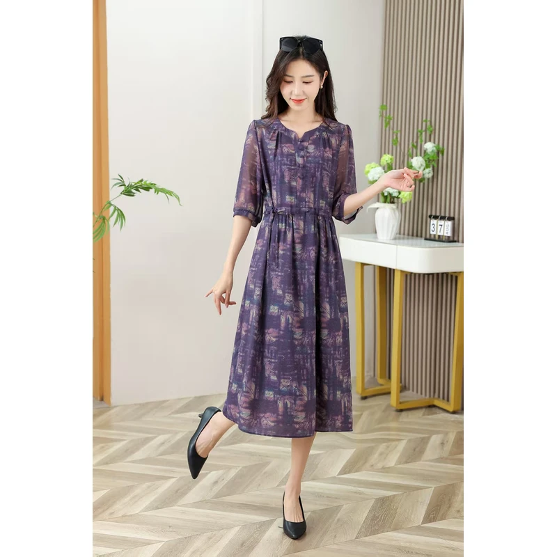 【千姿燕】5812新款夏季紫叶清风时尚收腰休闲气质连衣裙