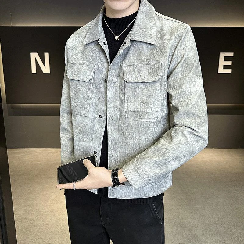 皮夹克男士春秋季2025新款潮牌翻领菱形PU皮机车外套男休闲上衣服