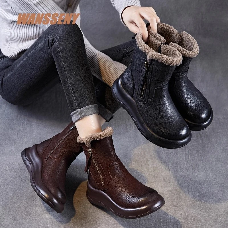 WANSSENY2025年冬季新款厚底真皮雪地靴女加绒加厚保暖东北女棉鞋