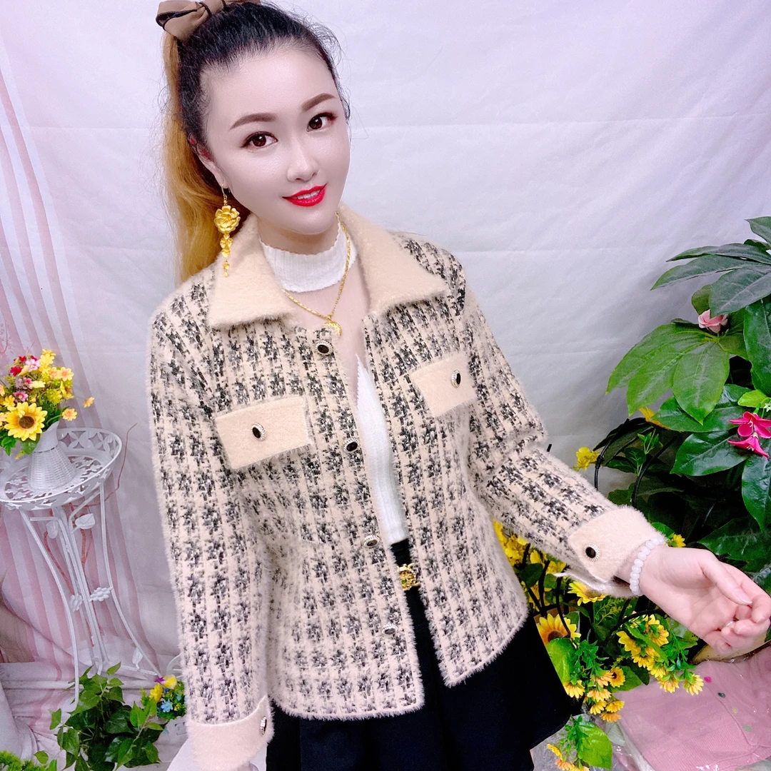 冬季韩版千鸟格短款POLO领女短外套洋气春季小香风