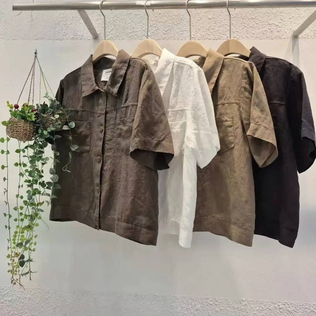 东大门pop气质 短袖麻衬衣