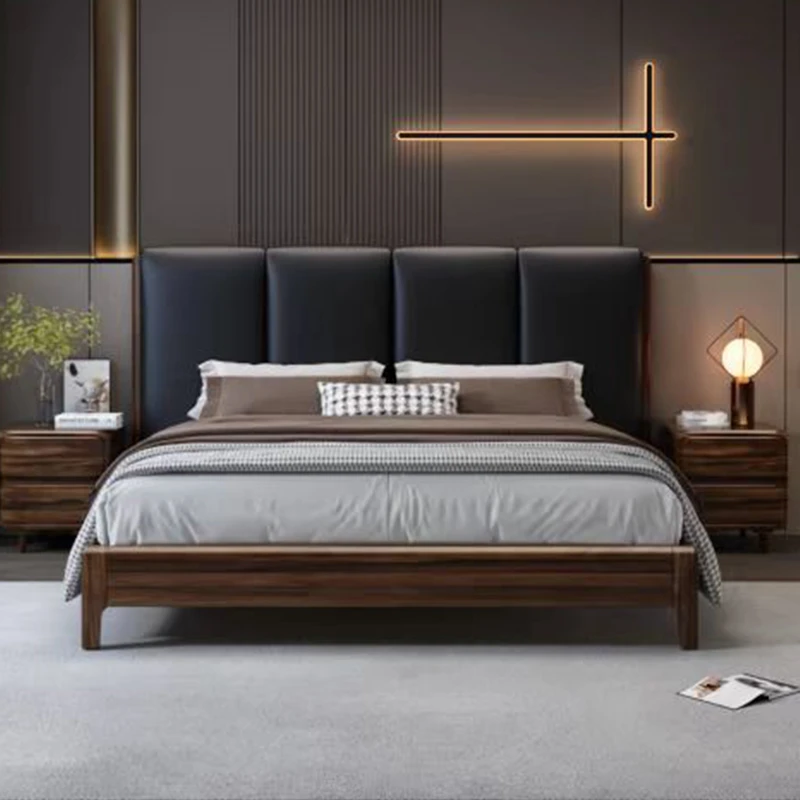 壹木橖现代简约黑胡桃木1.8m婚床双人大床主卧室全青皮靠背床