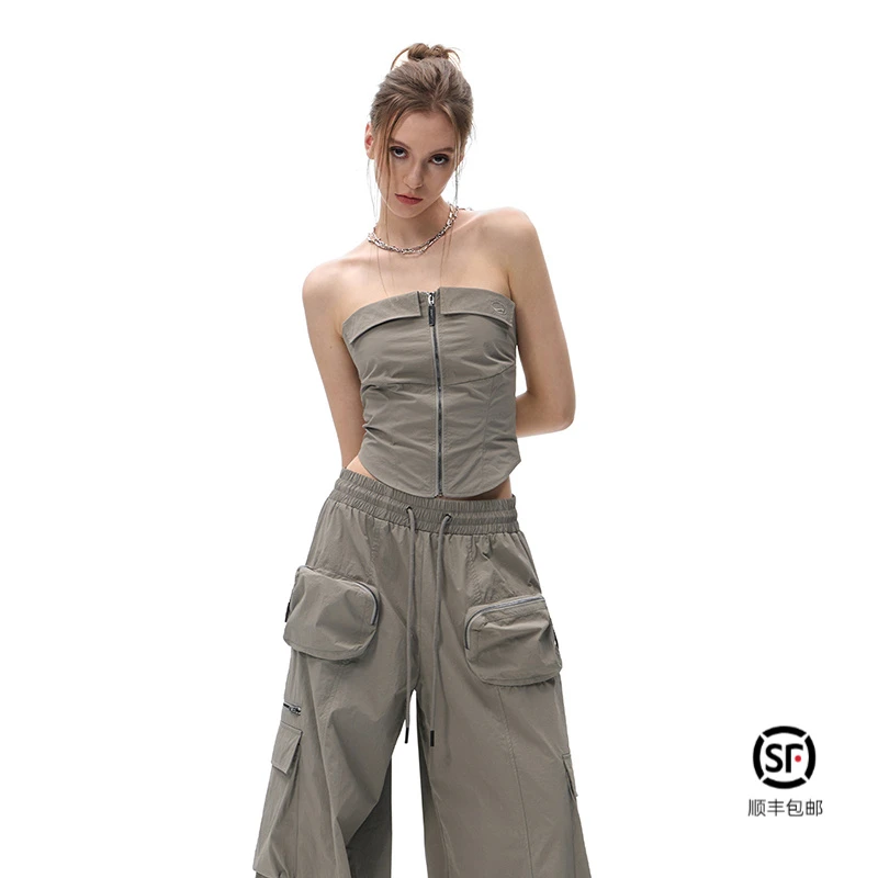 IMXS辣妹街舞hiphop爵士舞穿搭一字肩露肩抹胸阔腿工装裤两件套装