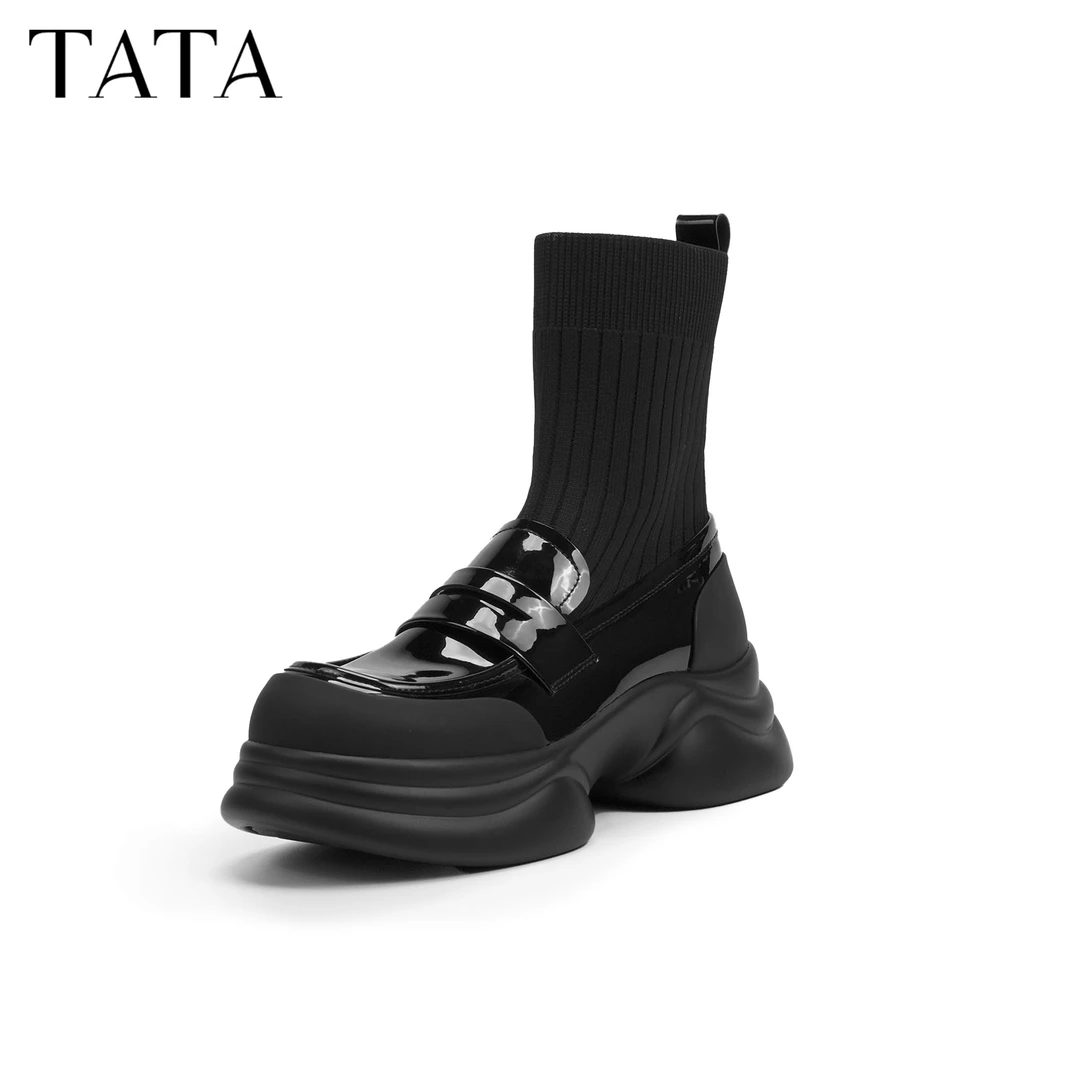 TATA他她厚底英伦乐福鞋女鞋瘦瘦弹力袜靴短靴新款CCJ02DZ4