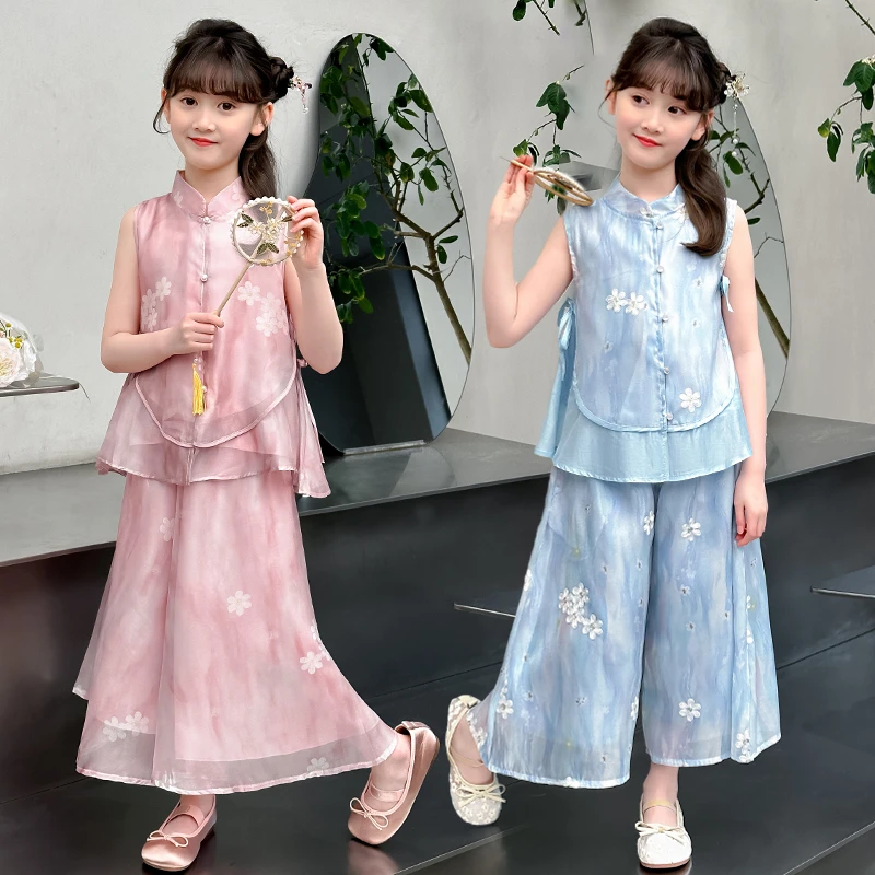 女童新中式套装国风重工刺绣套装夏季新款女孩无袖裙裤汉服两件套