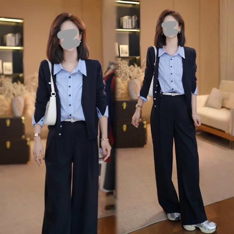 欧洲站高级感套装女2026春秋新款假两件针织长袖衬衫阔腿裤两件套