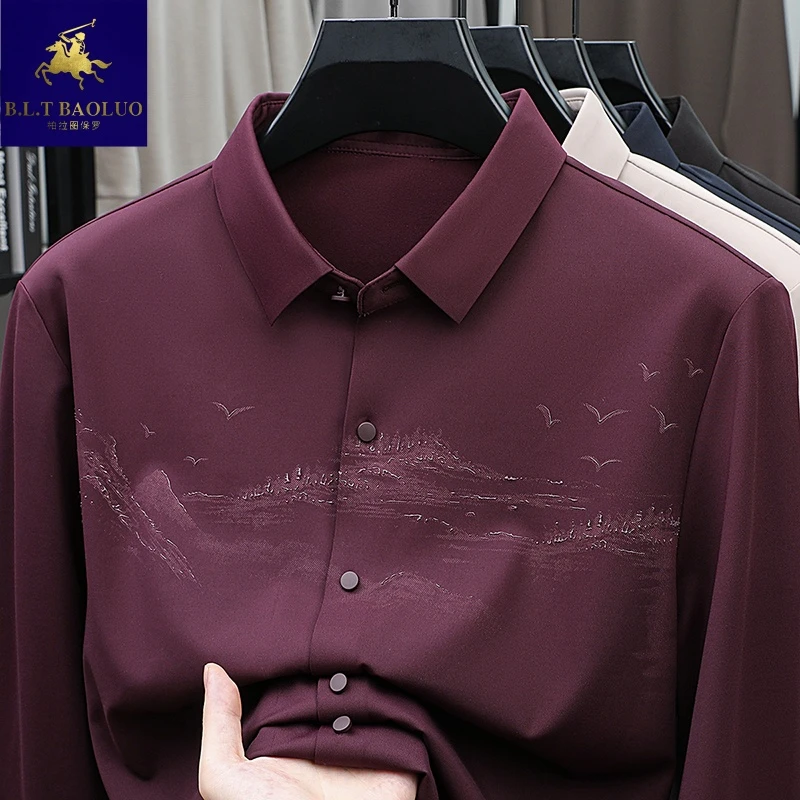 保罗中年男士高档商务休闲长袖抗皱加厚磨毛衬衫秋冬山水印花衬衣