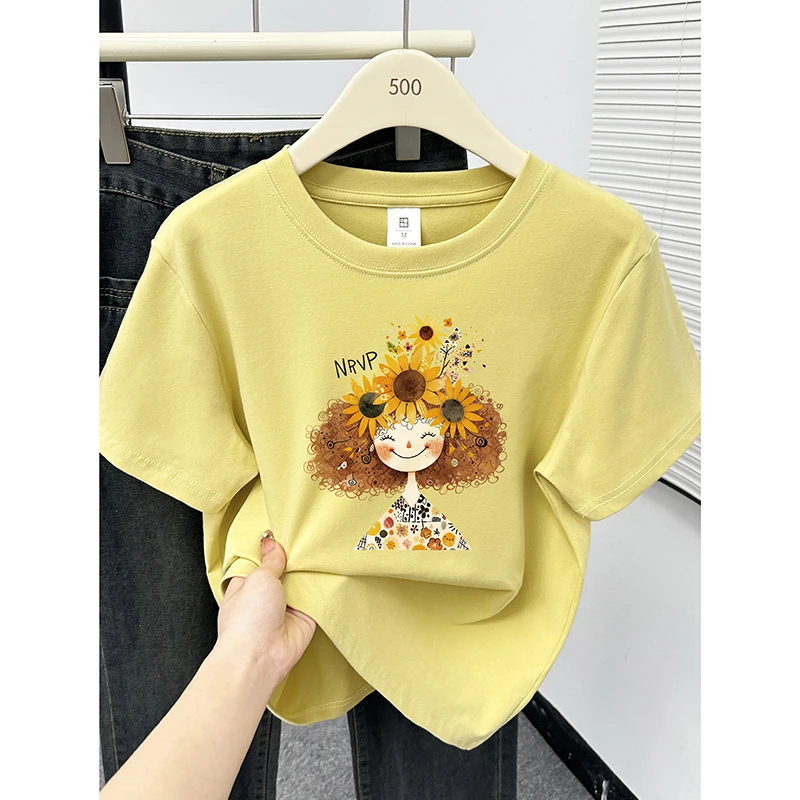 短袖T恤女2025新款爆款夏季黄色韩版时尚小女孩印花圆领正肩上衣