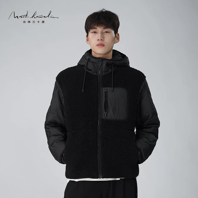 北纬三十度冬季羊毛羽绒服男士时尚休闲保暖宽松连帽羊毛羽绒服