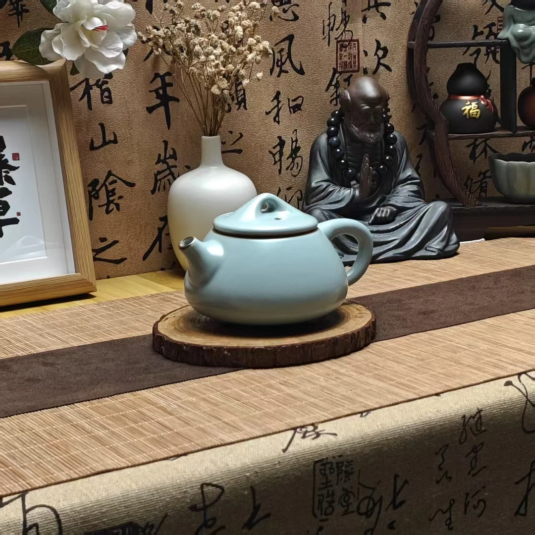 汝窑天青色石瓢壶开片可养大容量复古家用陶瓷功夫茶具单个泡茶壶