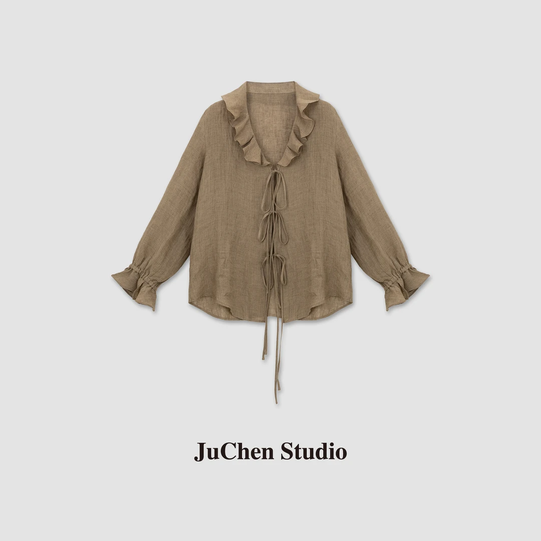 波嬉度假风亚麻涟漪荷叶边法式浪漫宽松绑带衬衫 SS023818