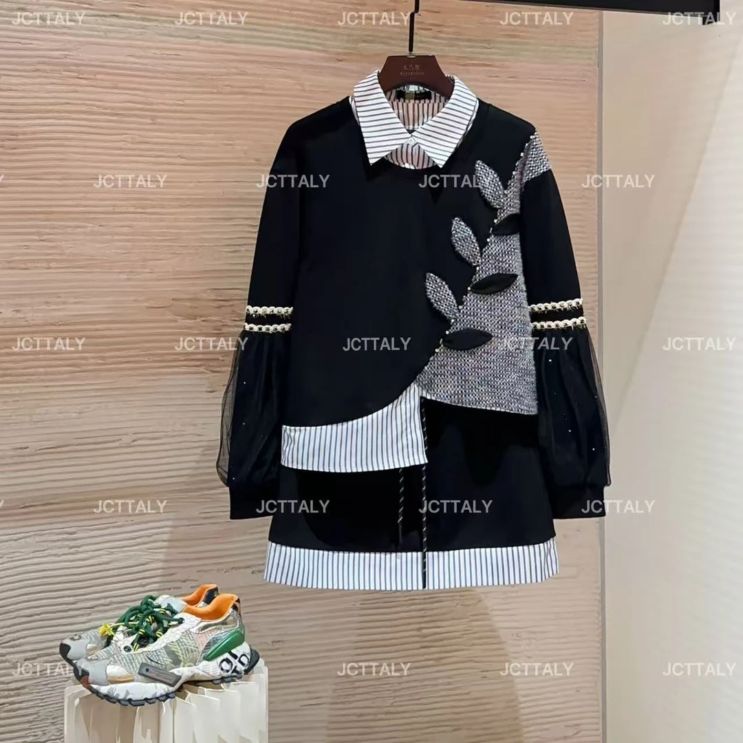 【宠粉价】（加绒）时尚套装重工百搭拼接短款翻领设计师黑色TZ-815