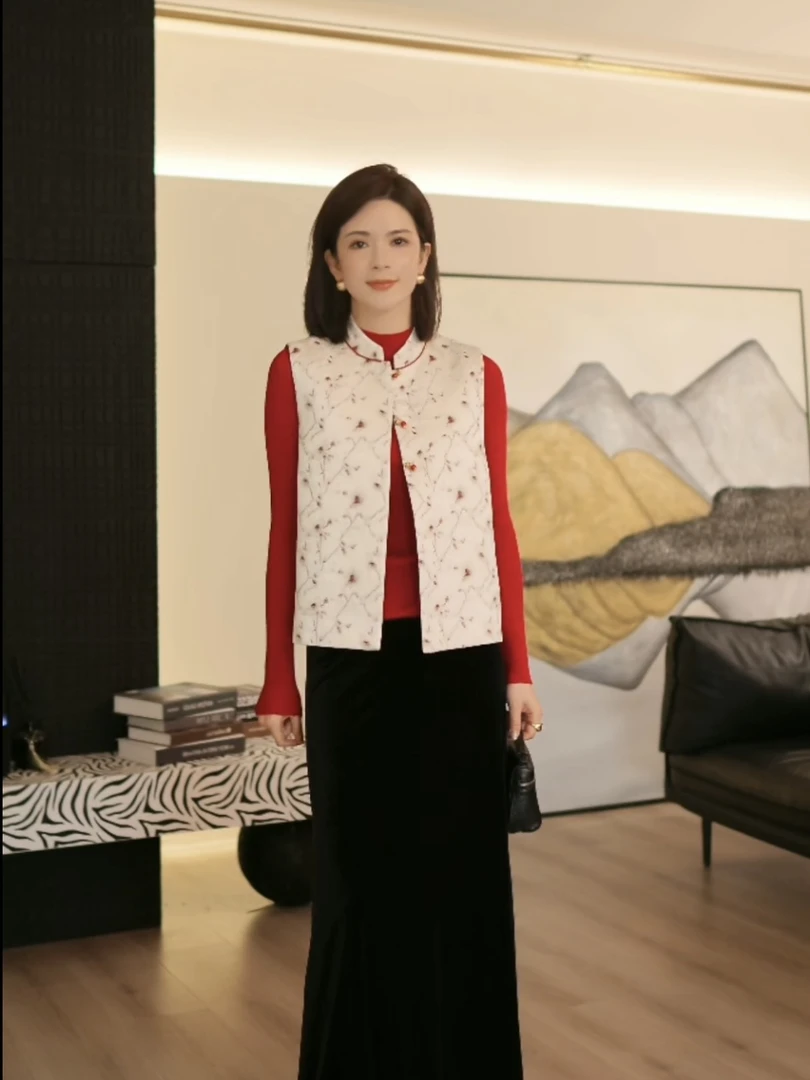 ANGELIAORIGINAL如意 色织提花羊毛新中式坎肩红色精致马甲#859