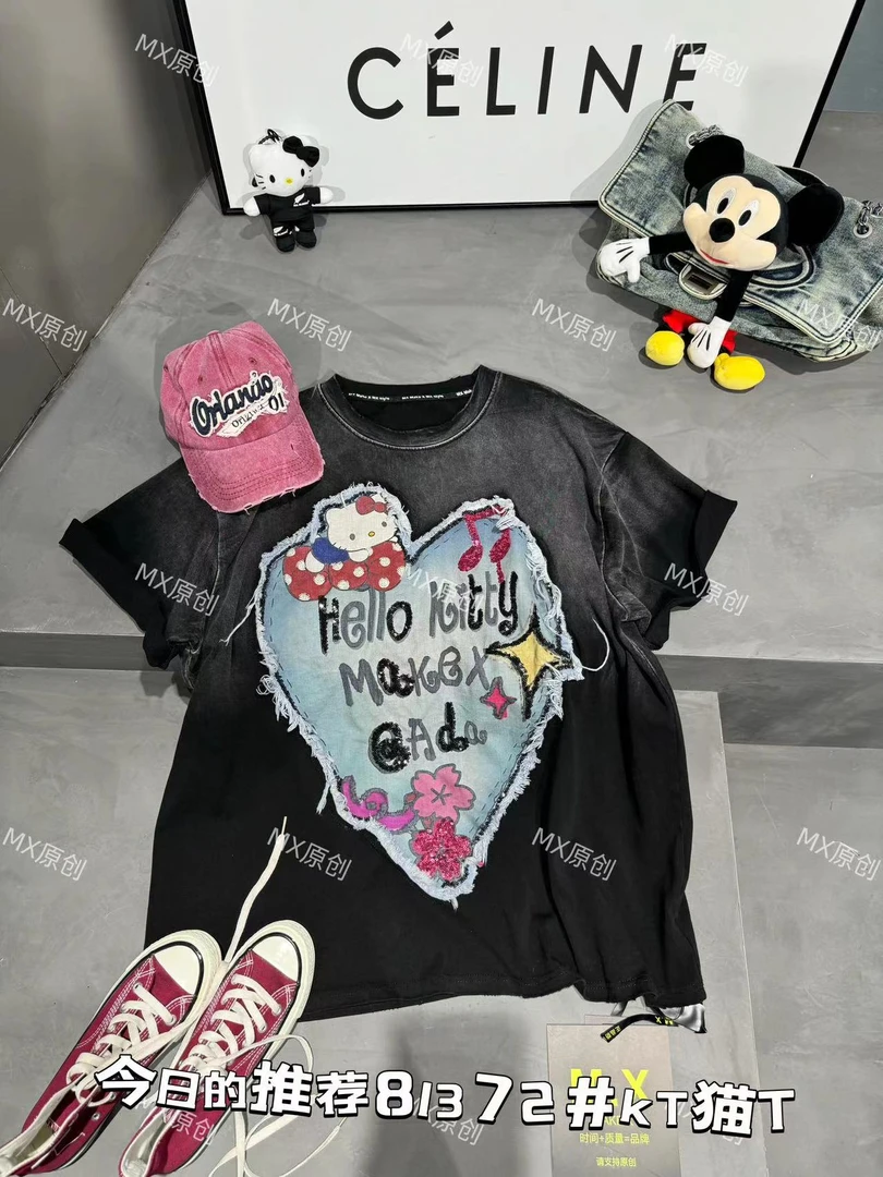 新款卡通爱心kk猫短袖T恤夏季美式重工情侣个性嘻哈圆领休闲