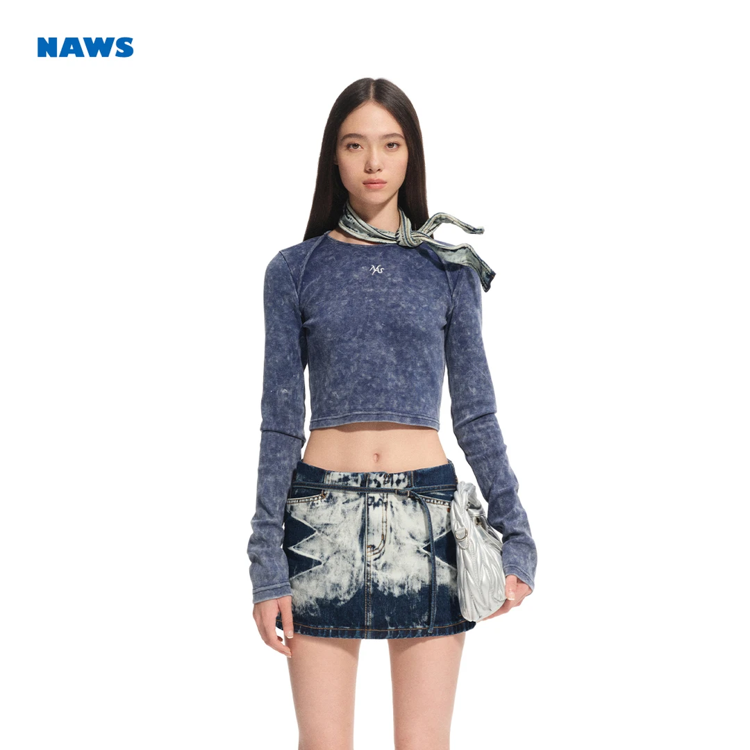 NAWS 火山修身长袖TEE【高定牛仔系列 】仿牛仔雪花水洗短款T恤
