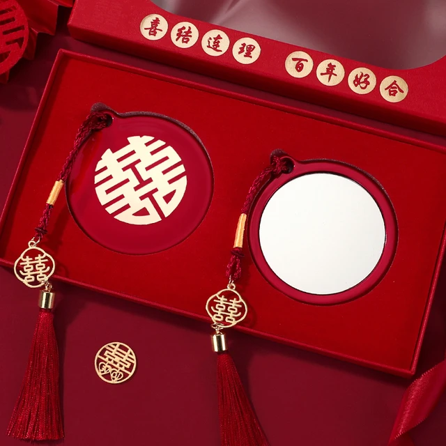 结婚镜子婚礼新娘陪嫁物品刺绣中式化妆镜喜镜一对婚庆木梳子礼盒