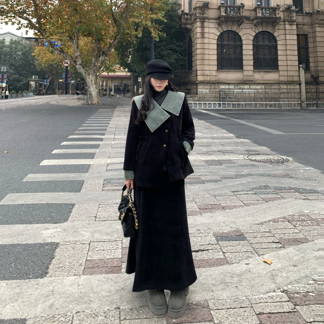 南岛风大码女装牛仔领斜纹雪尼尔毛呢保暖冬季显瘦外套套装NDF23