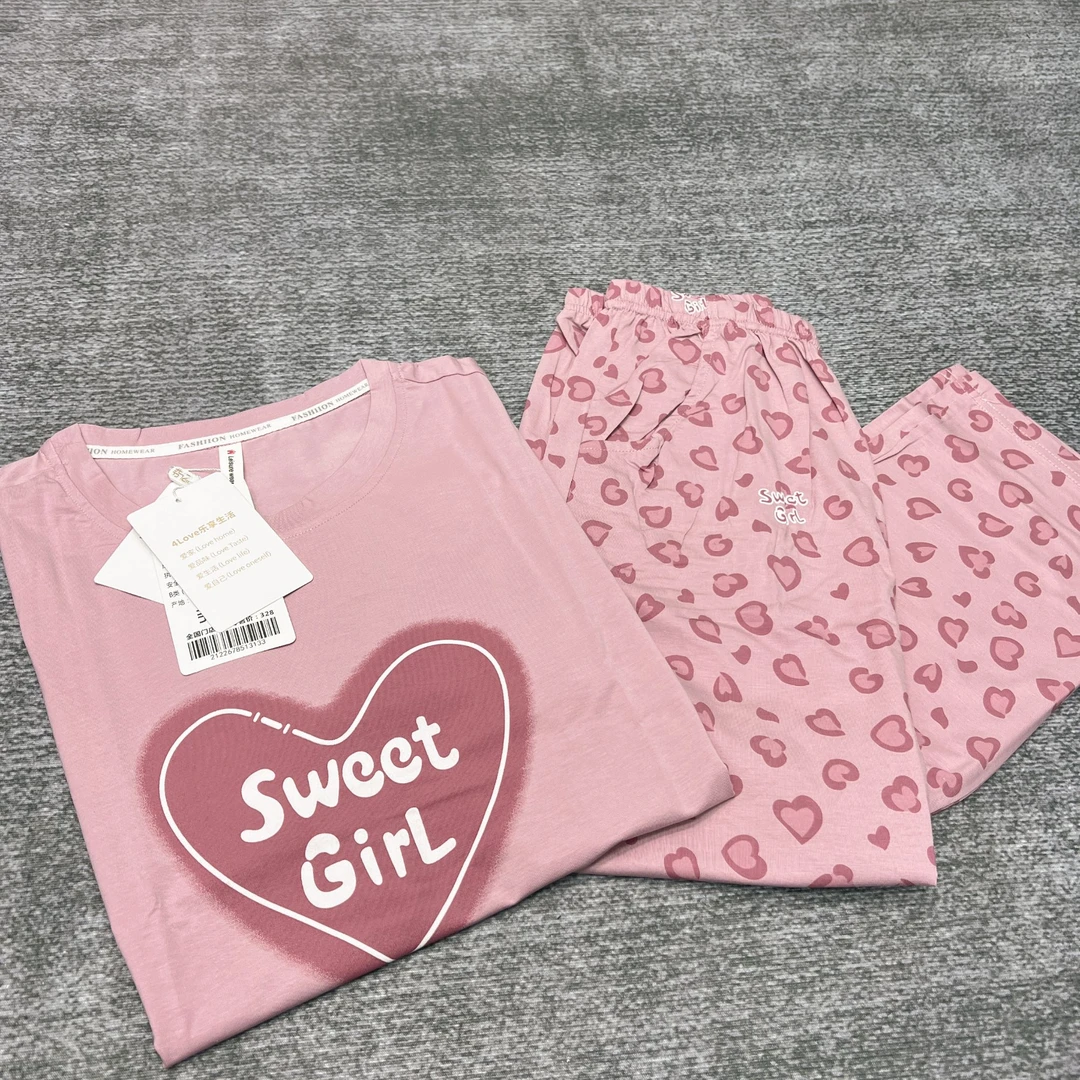 芬亿爽棉短袖长裤爱心睡衣套装