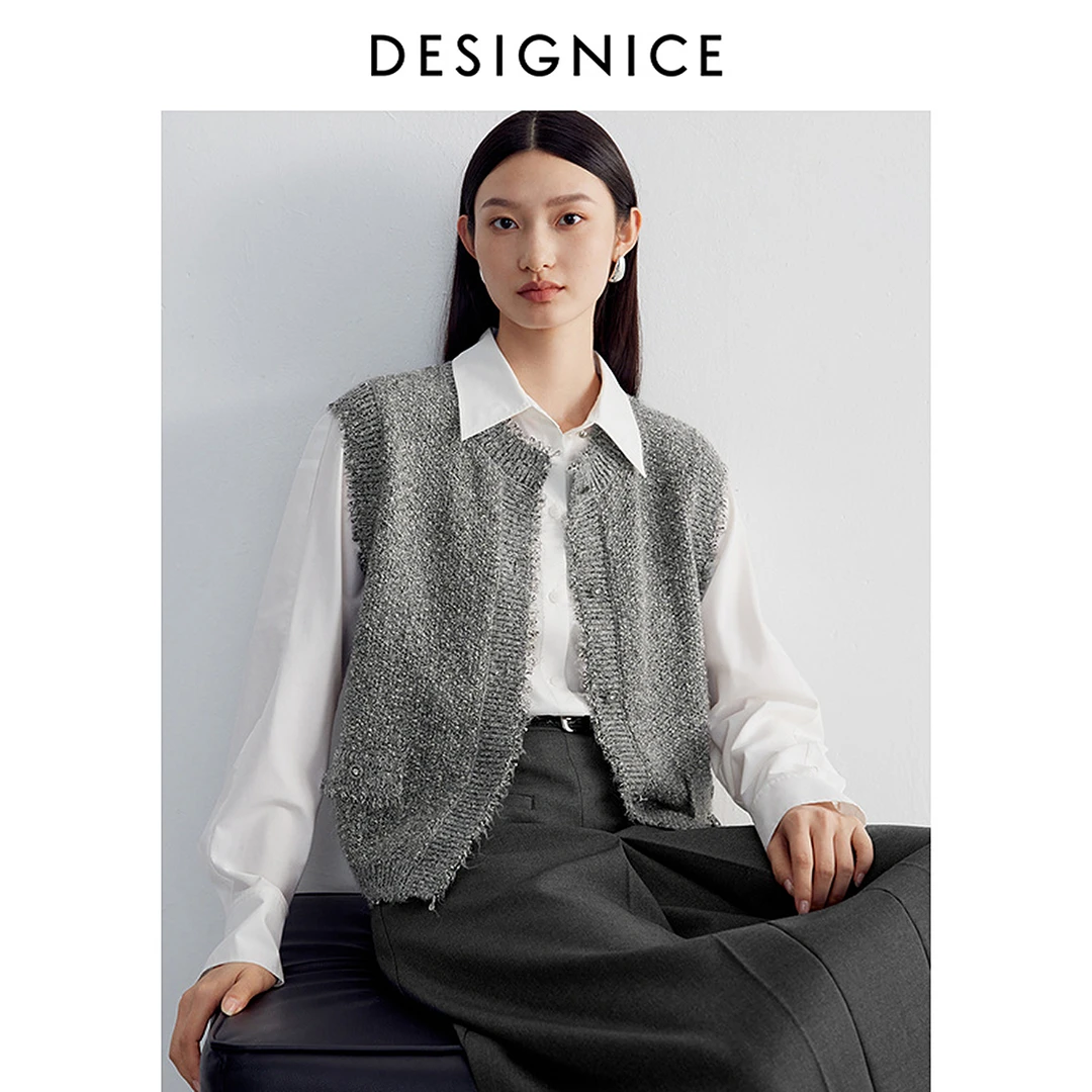 迪赛尼斯2025春新款欧若风格雷系灰气质无袖开衫圆领毛针织衫