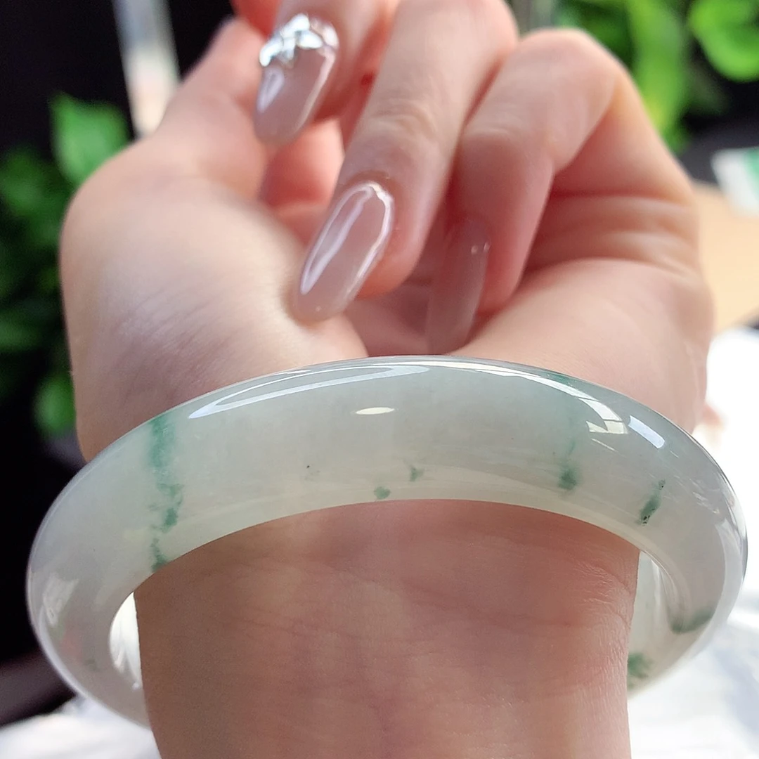 未镶嵌手镯翡翠天然A货翡翠58-59法式小翠绿花意境镯19号