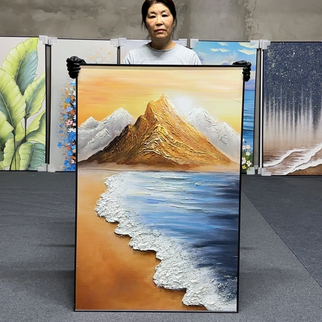 【静澜雪山】手绘立体过道海景走廊客厅高级感沙发装饰画油画80120