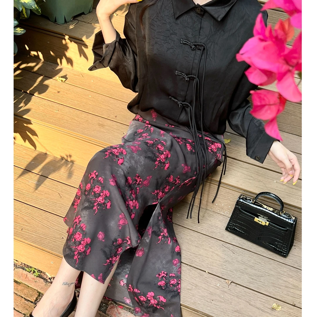 06186 夏季新款醋酸印花高腰垂感半身裙宽松直筒A字包臀裙