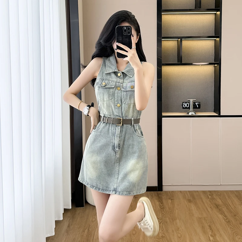 美式复古翻领无袖收腰显瘦牛仔连衣裙夏季新款