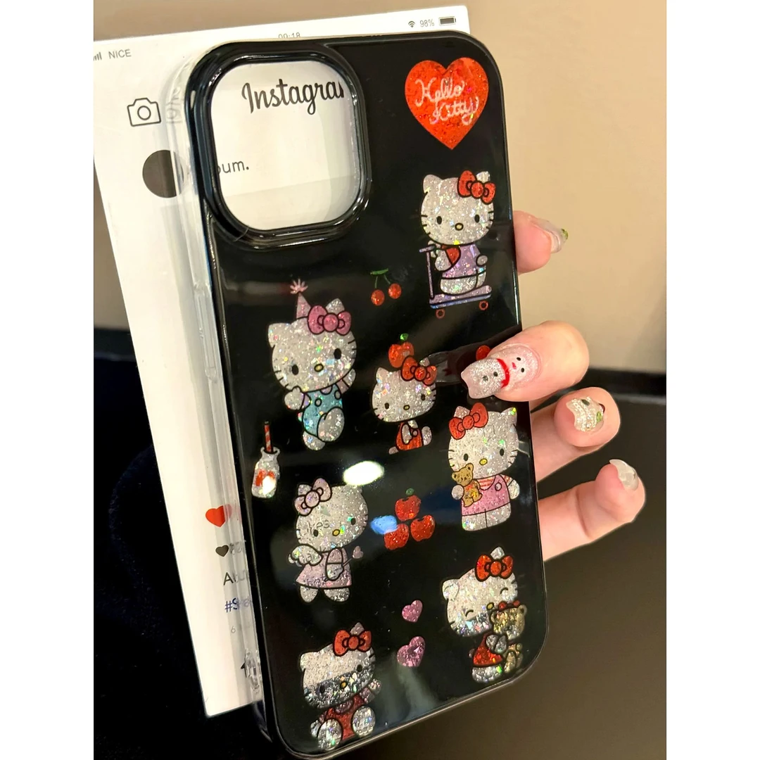 雅天立可爱风凯蒂猫适用iPhone16promax苹果15滴胶手机壳1314闪粉