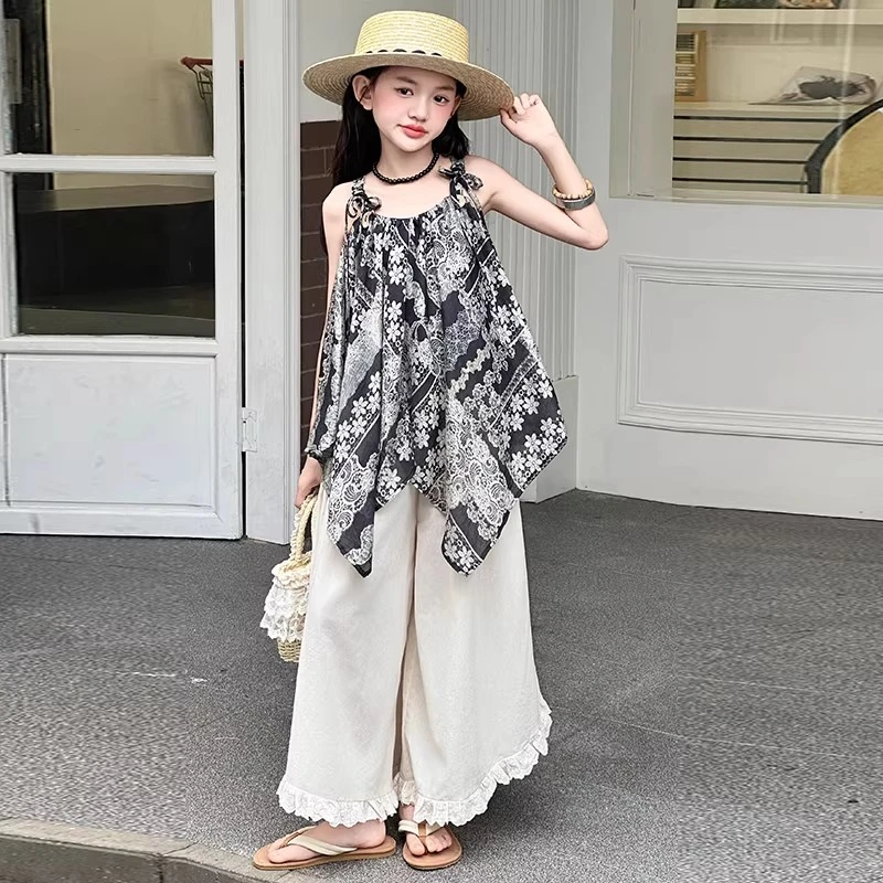 女童夏装套装2025新款女大童夏装韩系吊带上衣儿童度假休闲阔腿裤