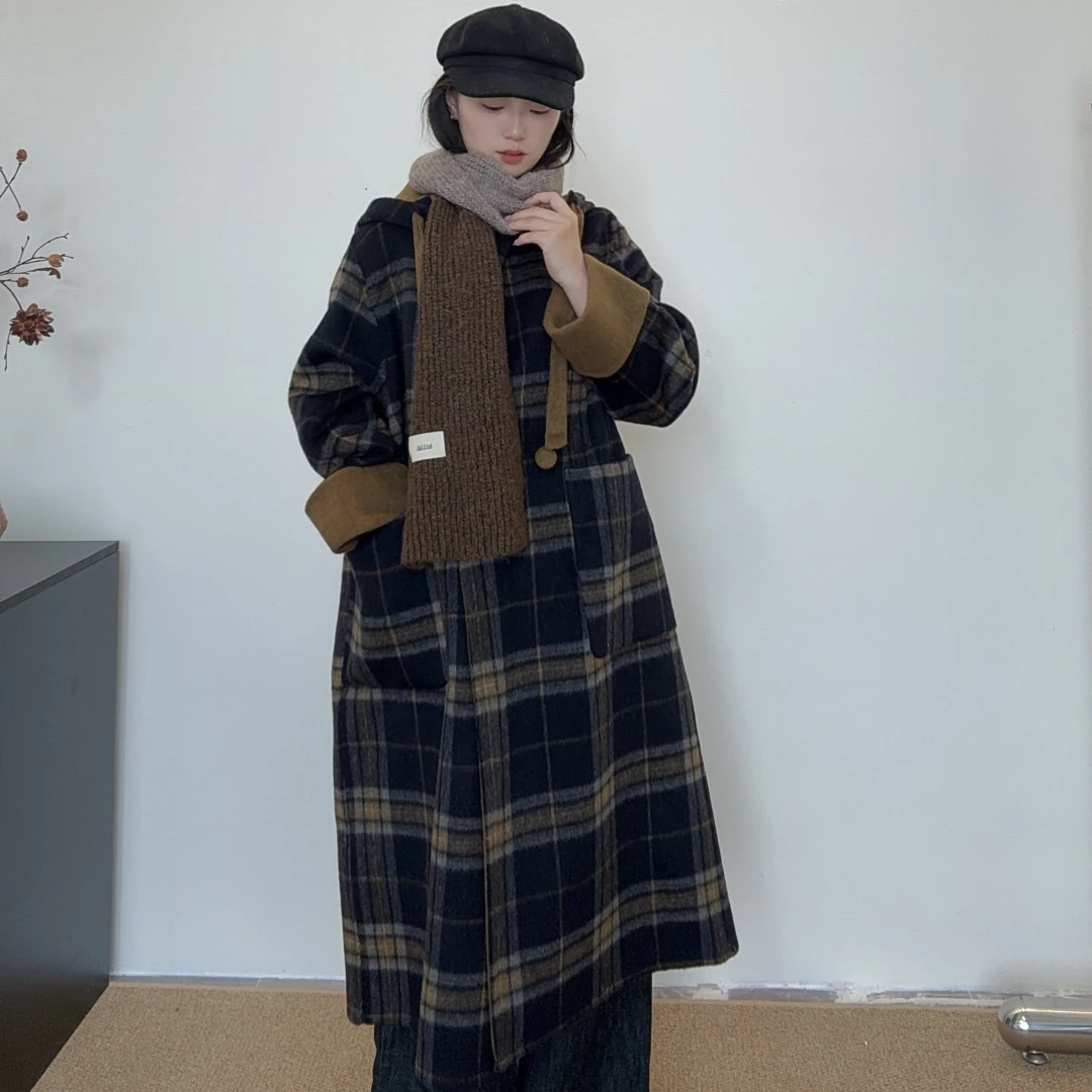 韩版长款格子双面羊毛秋冬加厚宽松英伦风毛呢大衣女