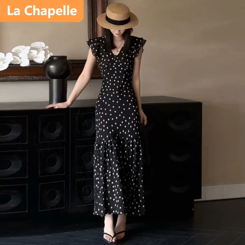 拉夏贝尔法式风气质女神连衣裙女设计感修身波段短袖海边度假裙子