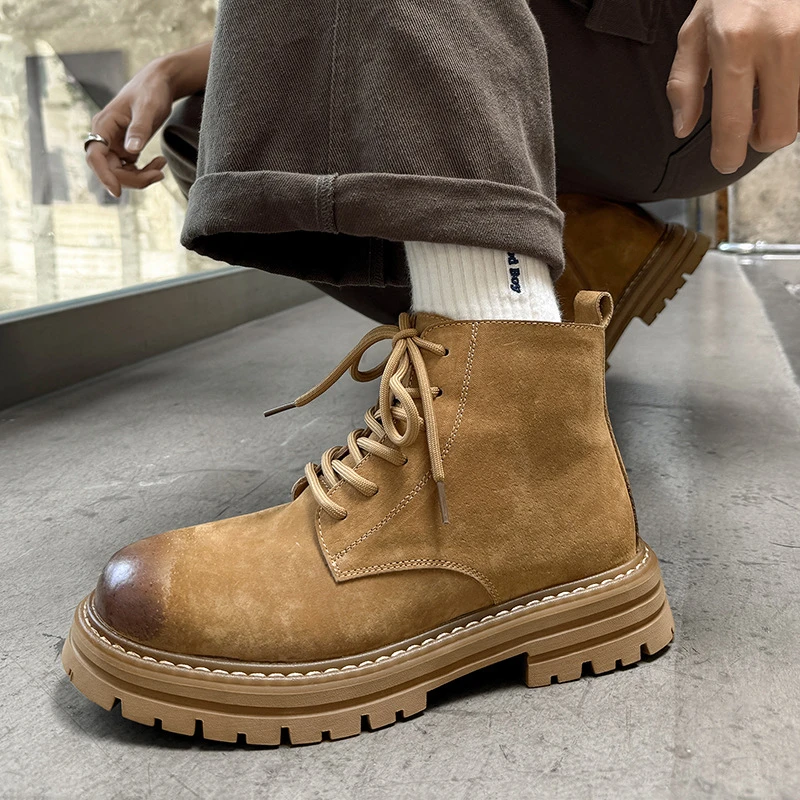 CPOZ马丁靴男士秋季新款百搭鞋户外工装厚底增高短靴黄色灰色