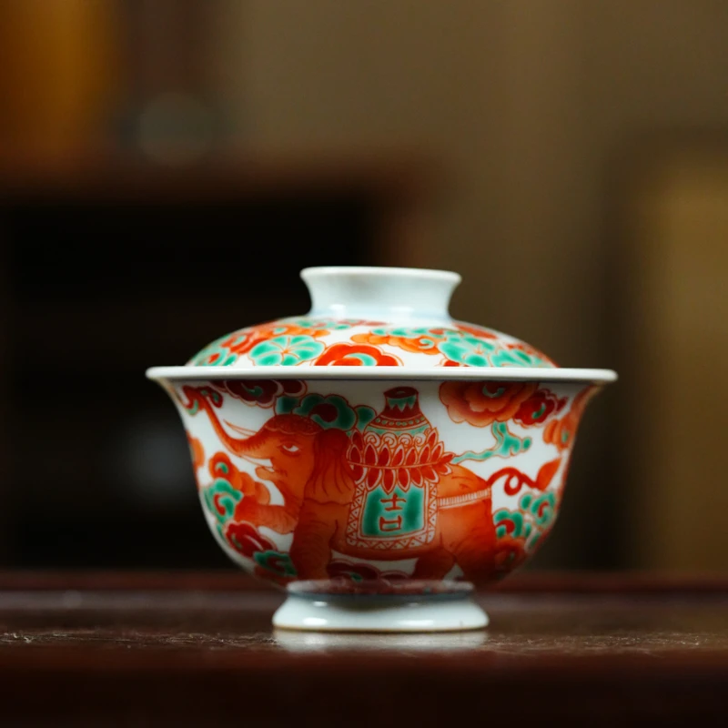 【珽专属】红绿彩大象盖碗(翁宿底款)(翁宿S0218)