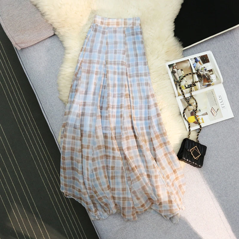 法式大摆长裙森系A型学院风半身裙格子印花时尚欧美风显瘦百搭裙