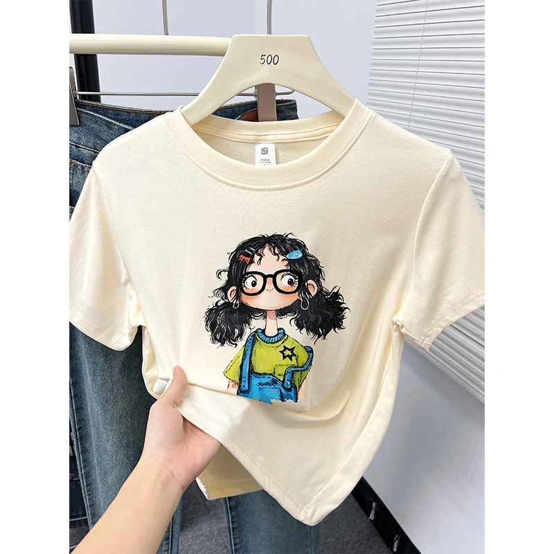 夏季新款韩版洋气减龄女孩印花正肩小衫女装圆领休闲百搭短袖t恤