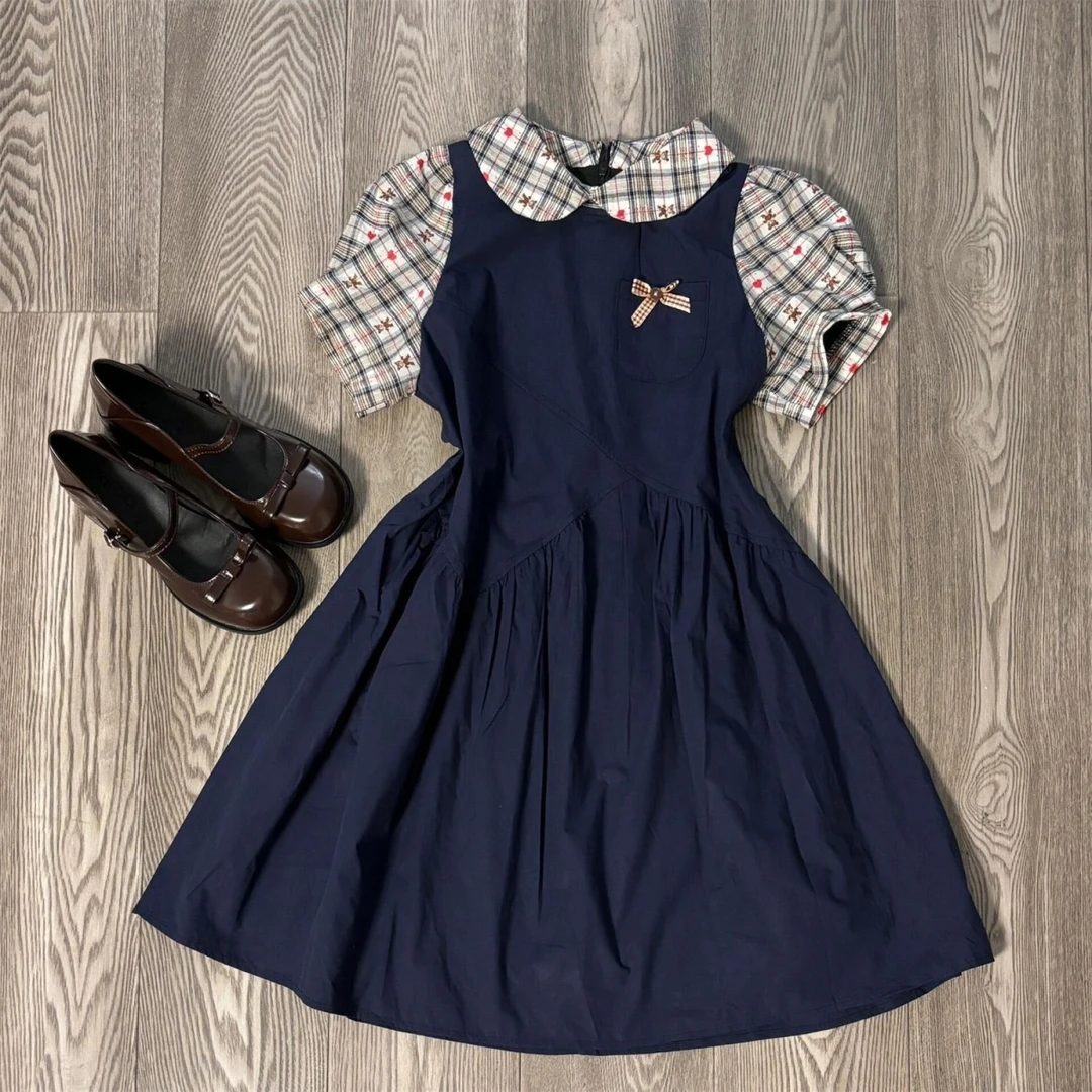 志宝初夏季新款复古甜美学院风宽松假两件格纹拼接娃娃领连衣裙女