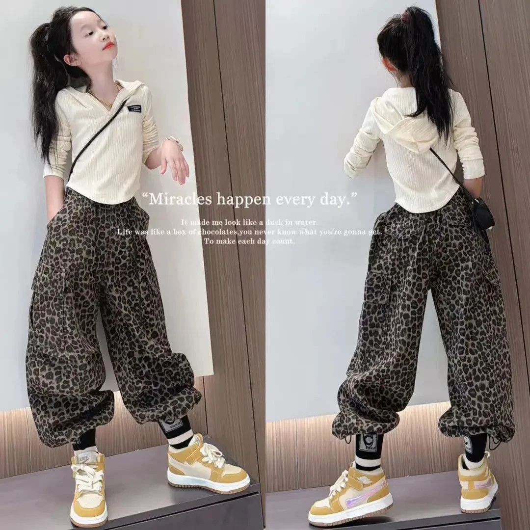 女童秋季连帽卫衣超好看套装休闲中大童时髦儿童装洋气工装豹纹裤