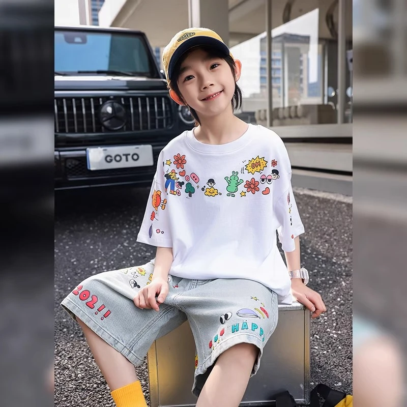 MK&UR.BV男童夏套装男孩2025新款卡通短袖t恤夏季牛仔短裤两件套