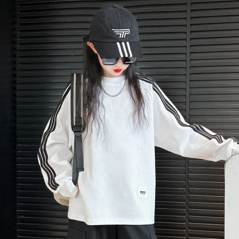 女童打底衫春秋2025新款儿童白色条纹上衣女大童秋装洋气长袖t恤