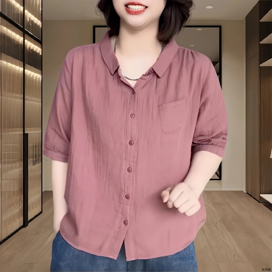 2025夏季新款简约时尚衬衫女式宽松减龄显瘦上衣百搭薄款上衣短袖