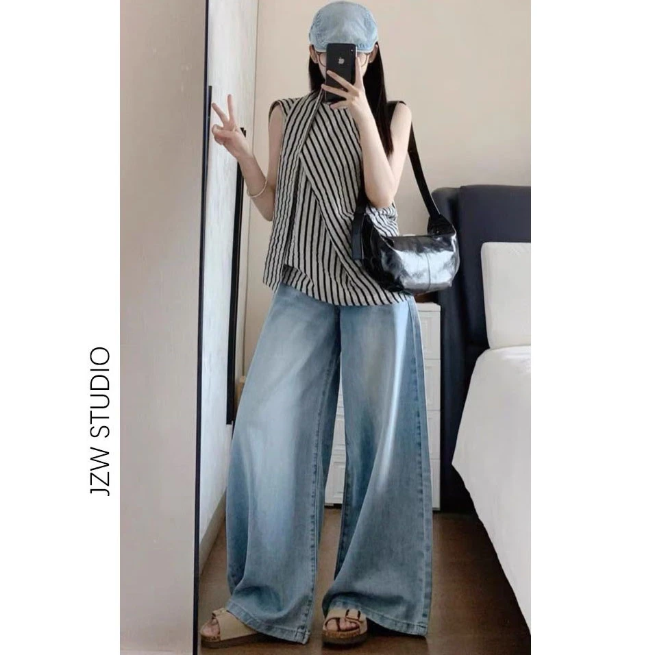 【慧雯儿微胖定制】夏季高腰显瘦百搭阔腿牛仔裤女