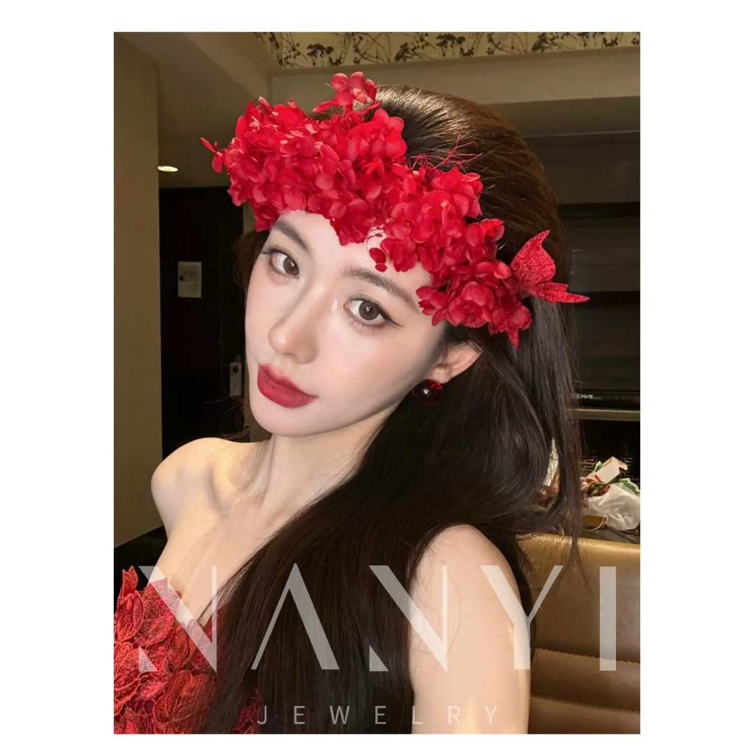 婚庆饰品 南一|红色绣球永生花 成品复古头饰