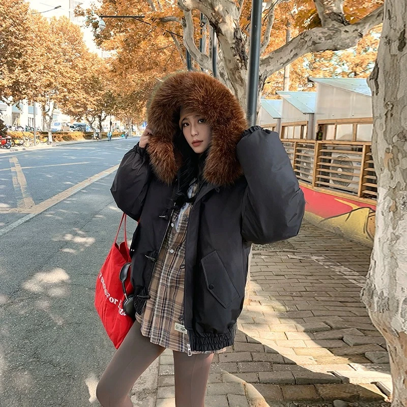 美式牛角扣连帽大毛领保暖棉服女美式复古派克服冬季加厚外套学生