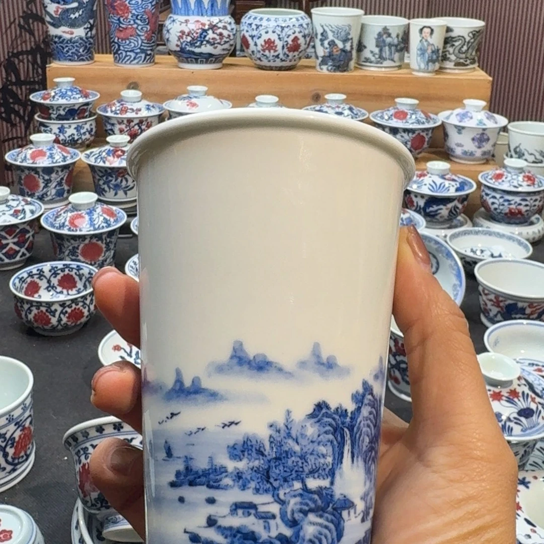 山水冰桶杯手绘柴窑