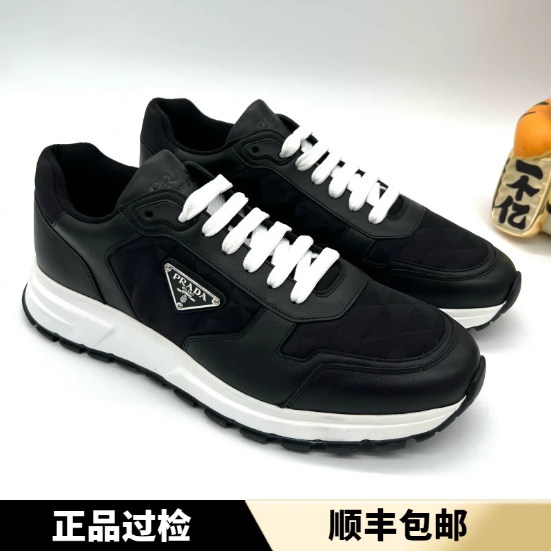 未使用 Prada/普拉达 黑色格纹拼接款 全新三角标舒适运动鞋 43码