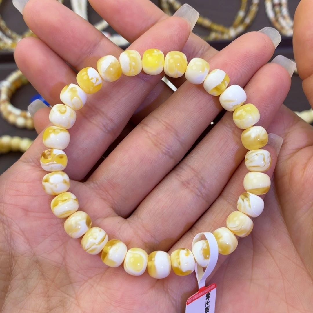 蜜蜡未镶嵌手链金瓷白妖8