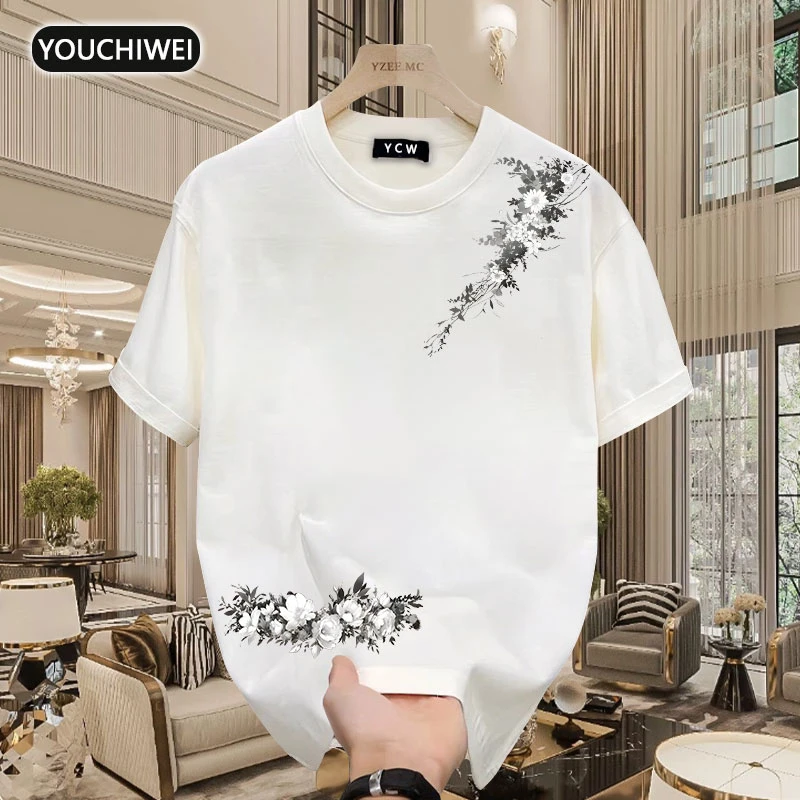 纯棉潮牌重磅短袖圆领T恤时尚痞帅花枝印花潮休闲ins百搭上衣t恤