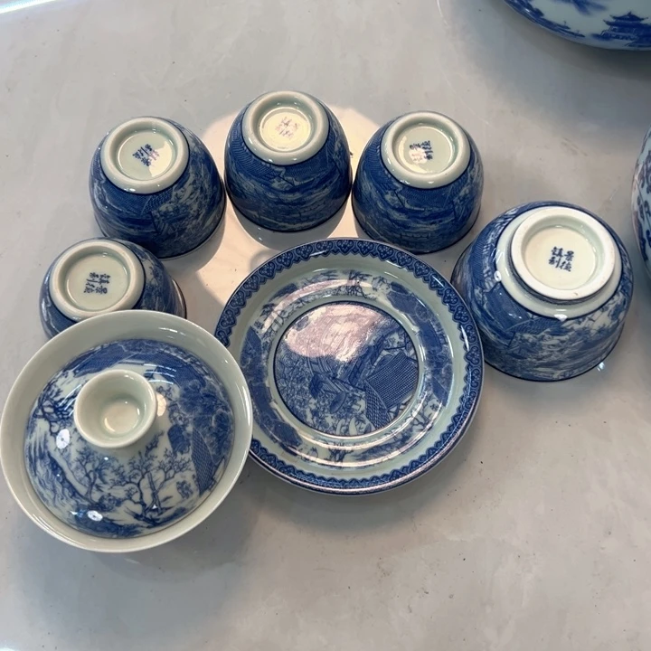 瓷片白青花清明上河图七件套全品
