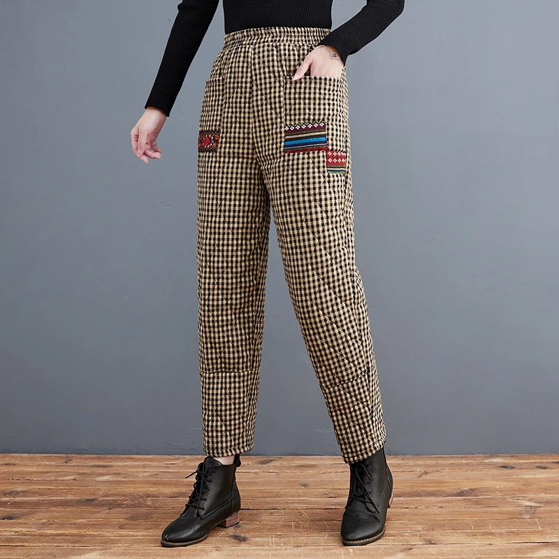 黑色格纹夹棉加厚棉裤女式2025秋冬宽松休闲保暖外穿松紧腰哈伦裤